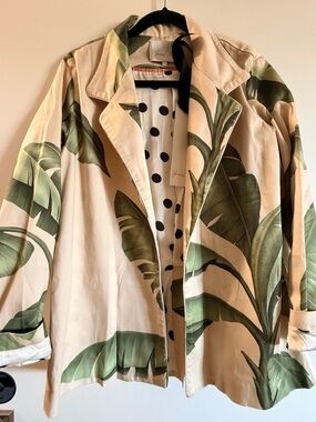 Johanna Ortiz Cream Trench Coat with Green Tropical Leaf Print